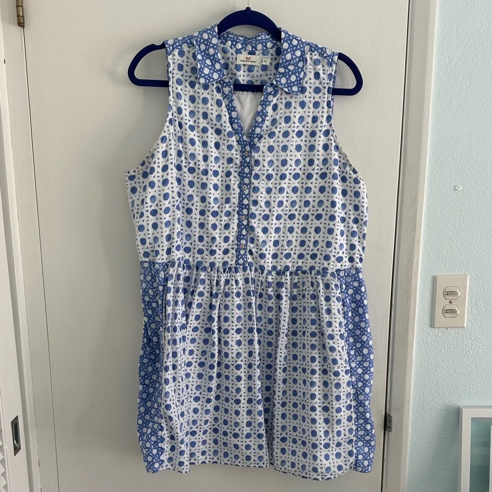 Vineyard Vines painted blue and white rattan print dress size 16 EUC msrp $98 - Picture 2 of 11